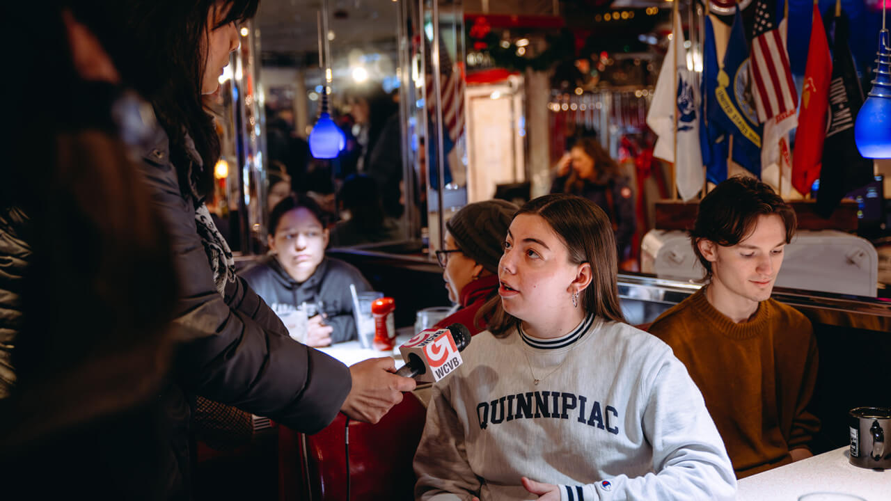 Allison Garner is interviewed during a New Hampshire primary, Nikki Haley event.