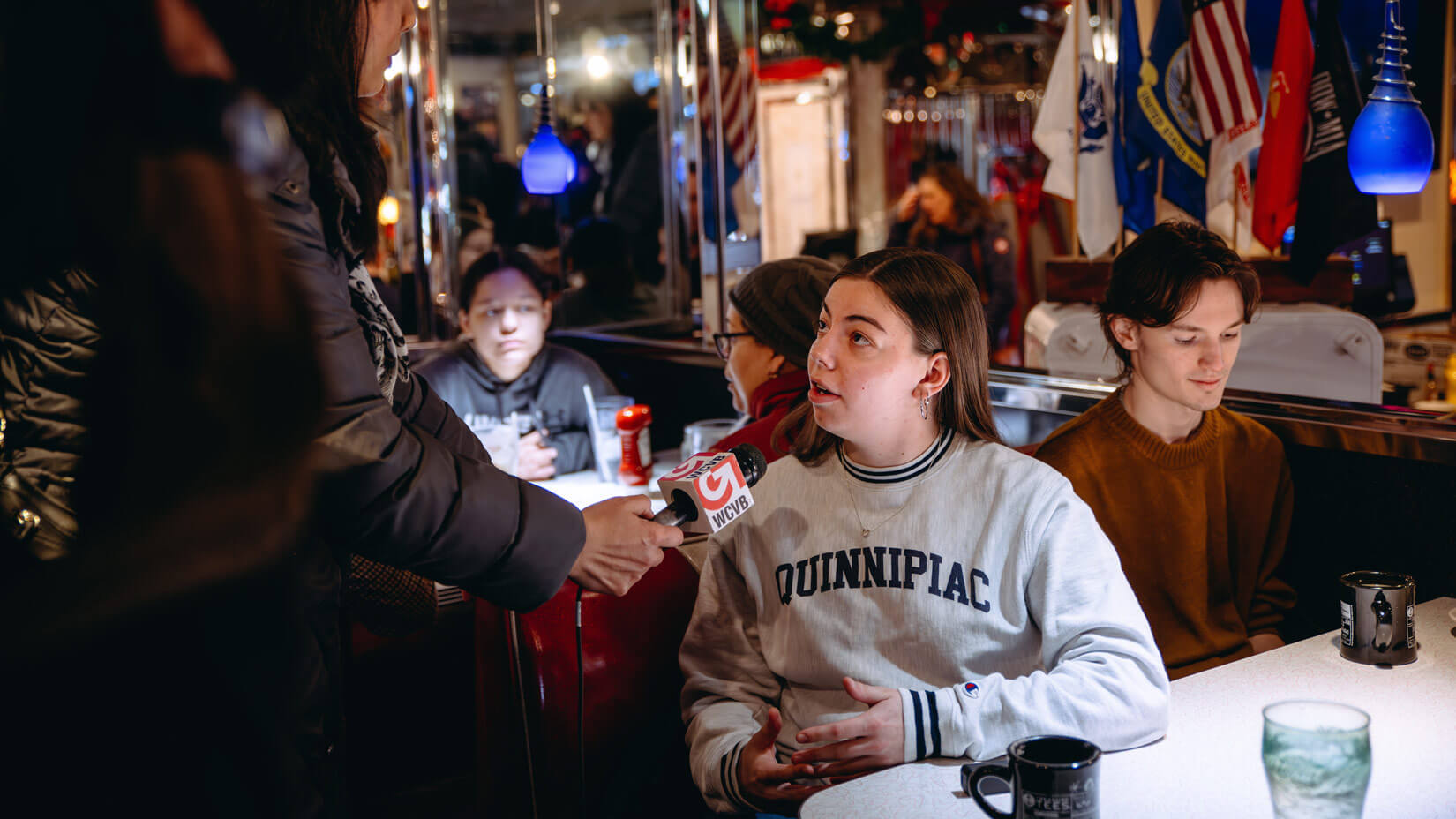 Allison Garner being interviewed by WCVB Boston News at a Nikki Haley rally.