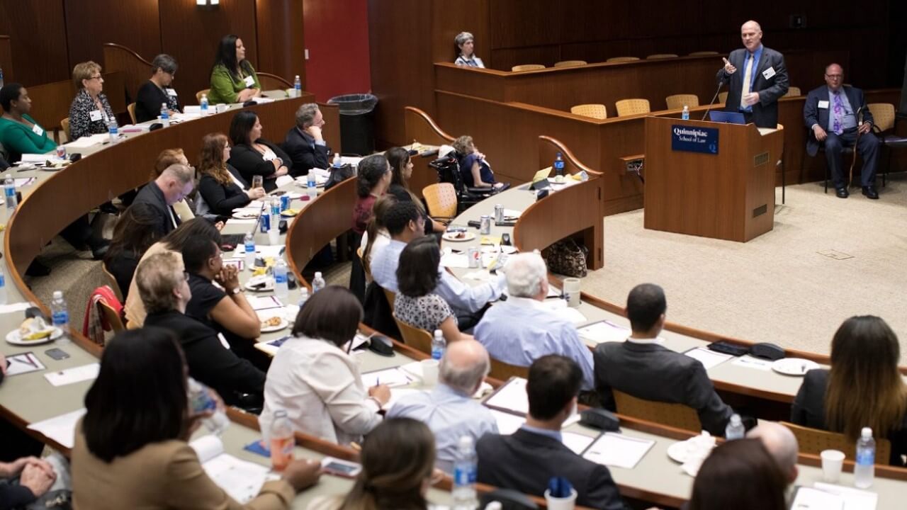 Keynote speaker James Merklinger, president of the Association of Corporate Counsel, addresses the Connecticut Bar Association Diversity Summit at our School of Law.